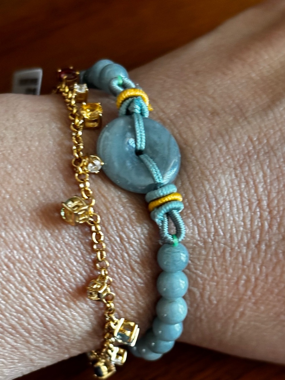 Blue Jade Beaded Cord Bracelet with donut Accent